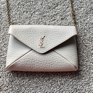 YSL Small Cassandre Chain Pouch Shoulder Bag In Calfskin Creme Soft